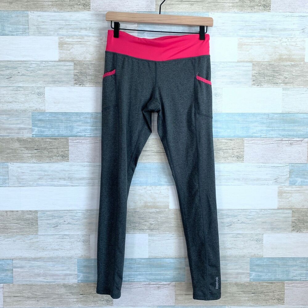 Reebok Running Tights Gray Pink 7/8 Mid Rise Pockets Yoga Gym Womens Small